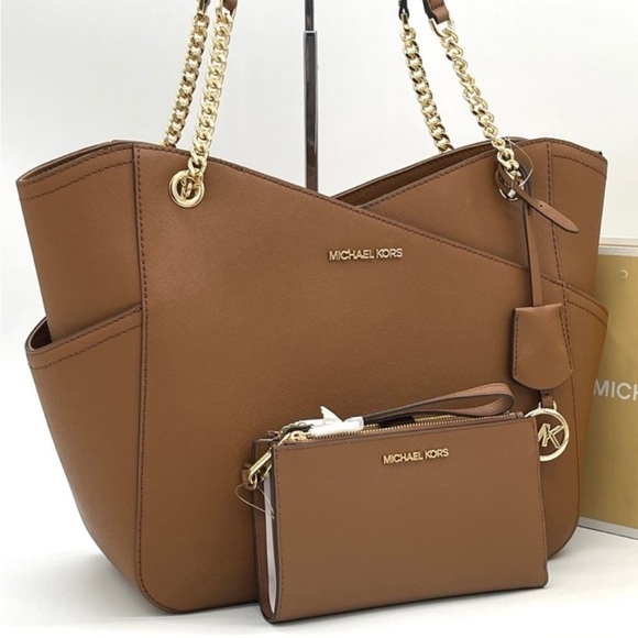 Michael Kors Large X Chain Shoulder Tote Bag & Double Zip Wallet Wristlet Brown